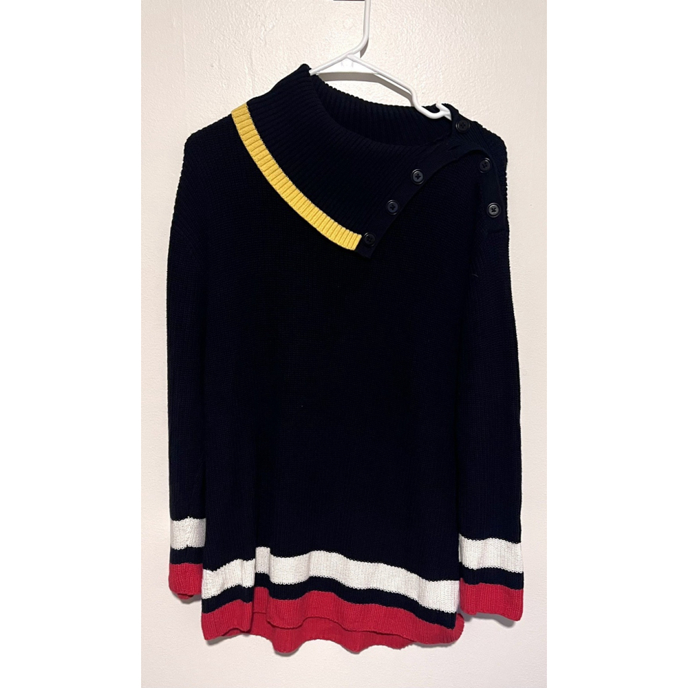 Talbots Color Block Sweater Womens Large Petite Navy Red Coastal Nautical Stripe